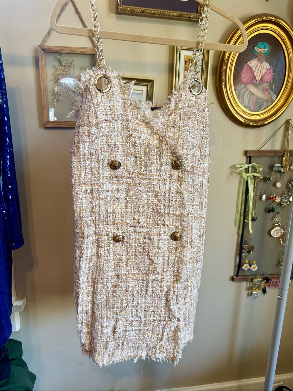 Fashion Nova Nude and Blush Tweed Mini Dress with Gold Trim